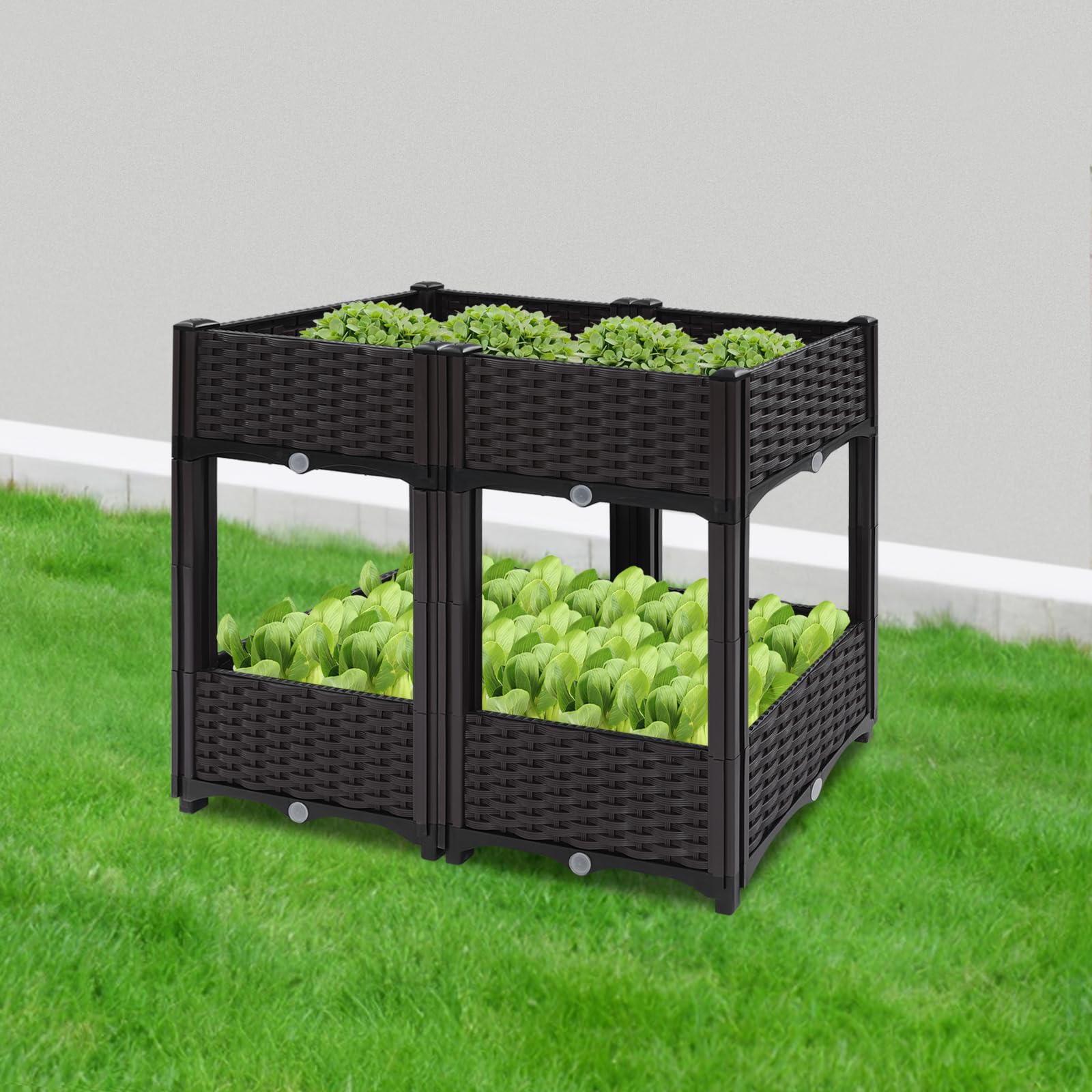 Vaso da fiori effetto rattan, 2 ripiani, 4 scatole, per esterni, rettangolare, profondità interna 15 cm, per giardini, balconi, terrazze, 80 x 40 x 67 cm