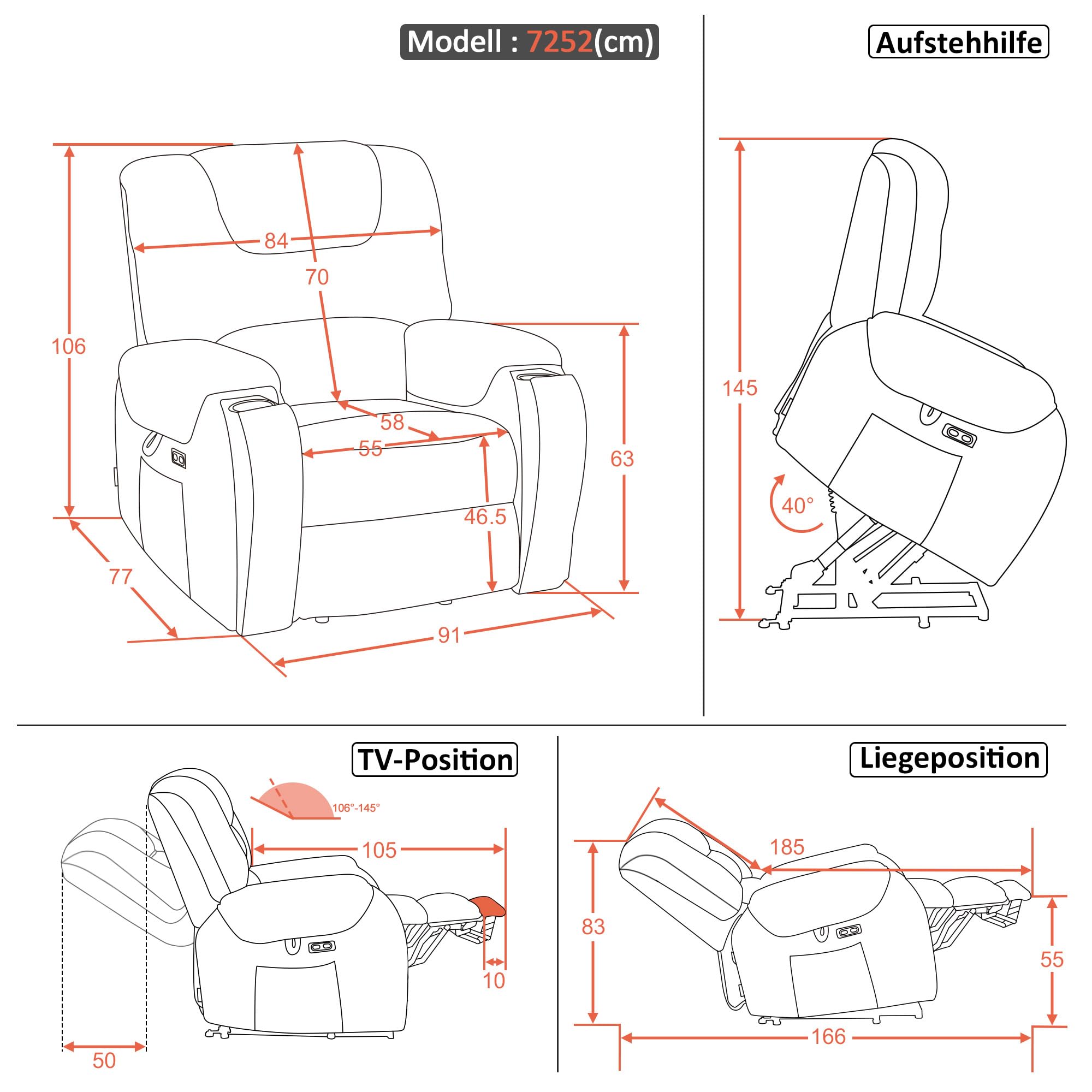 M MCombo Fernsehsessel mit Aufstehhilfe Elektrisch, mit Massage & Heizung, Relaxsessel mit Liegefunktion bis 145° 35D Vollschaum-Sitzkissen Versteckte Becherhalter 7252 (Mikrofaser, Beigebraun)