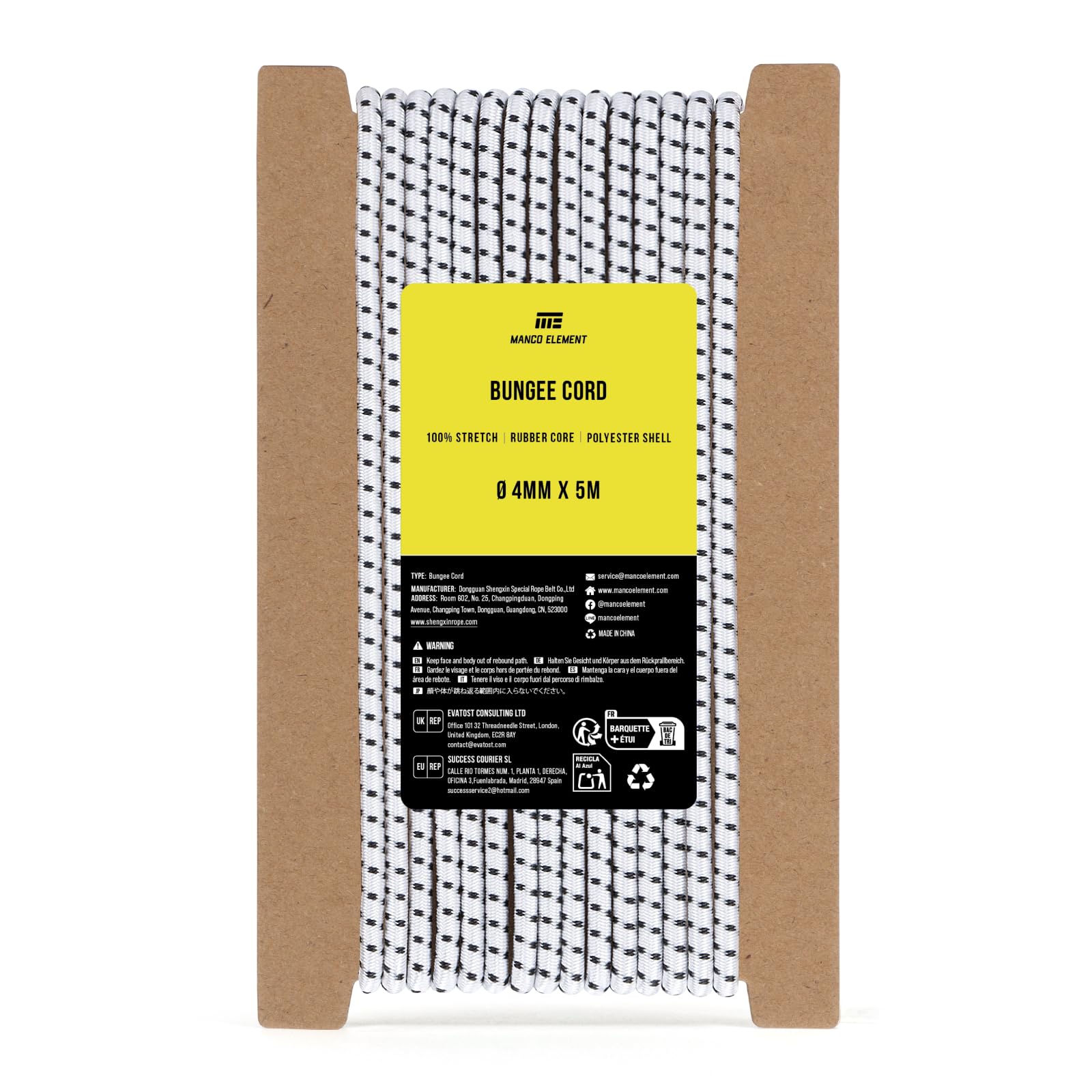 Manco Element Bungee Cord 4mm x 5m Elastic Cord Shock Cord - White/Black