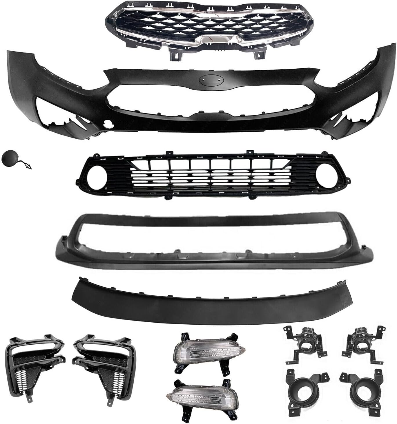 Complete Front Bumper Grille Set With Fog Lamp Compatible With 2019 2020 2021 Kia Forte Korea Built,86511-M7000, 86551-M7000, 86552-M7000, 86537-M7000