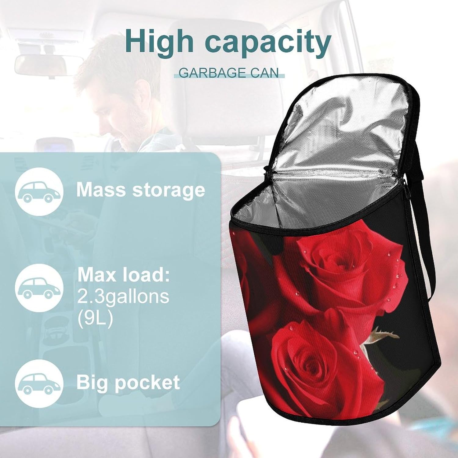 Red Roses Car Trash Can Bin Bag Waterproof Car Garbage Can Bag Trash Can for Car Car Trash Can for Women Men Garbage Can for Car Car Trash Can with Lid Trash for Car Trucks Rvs