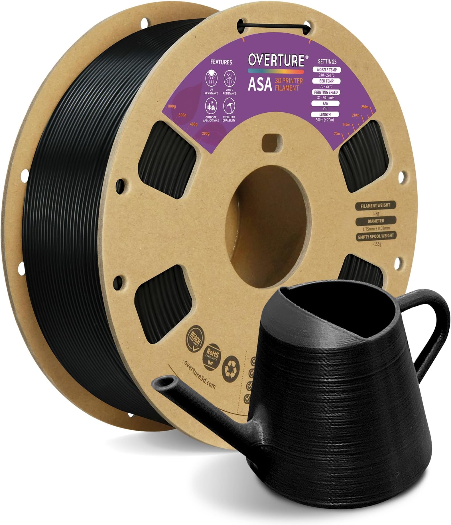 OVERTURE ASA Filament 1.75mm, 1kg Spool (2.2lbs) 3D Printer Filament, Premium Anti-UV, Perfect for Printing Outdoor Functional Parts, Dimensional Accuracy +/- 0.02 mm (Black)