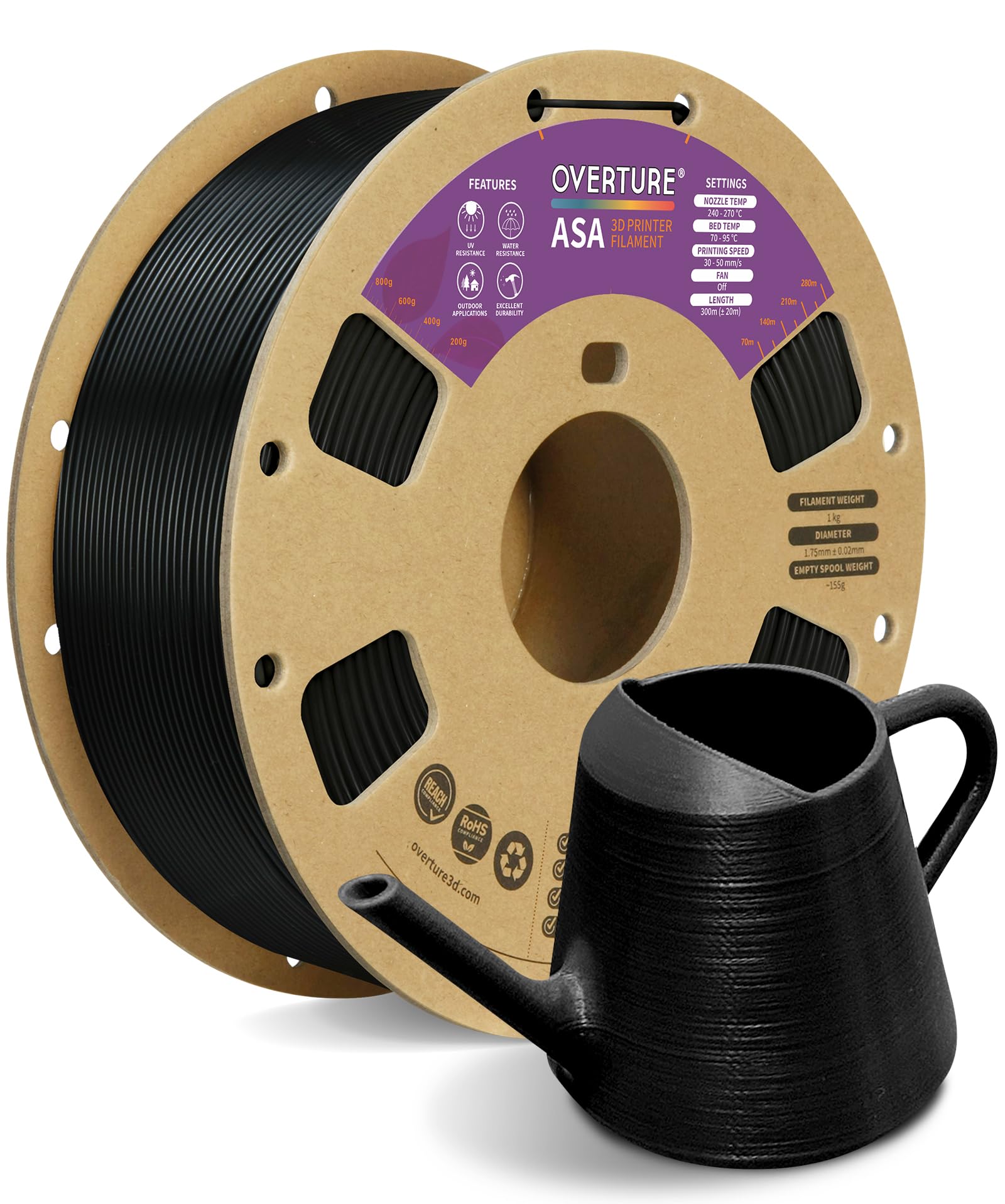 OVERTURE ASA Filament 1.75mm, 1kg Spool (2.2lbs) 3D Printer Filament, Premium Anti-UV, ASA Filament Perfect for Printing Outdoor Functional Parts, Dimensional Accuracy +/- 0.02 mm(ASA Black)