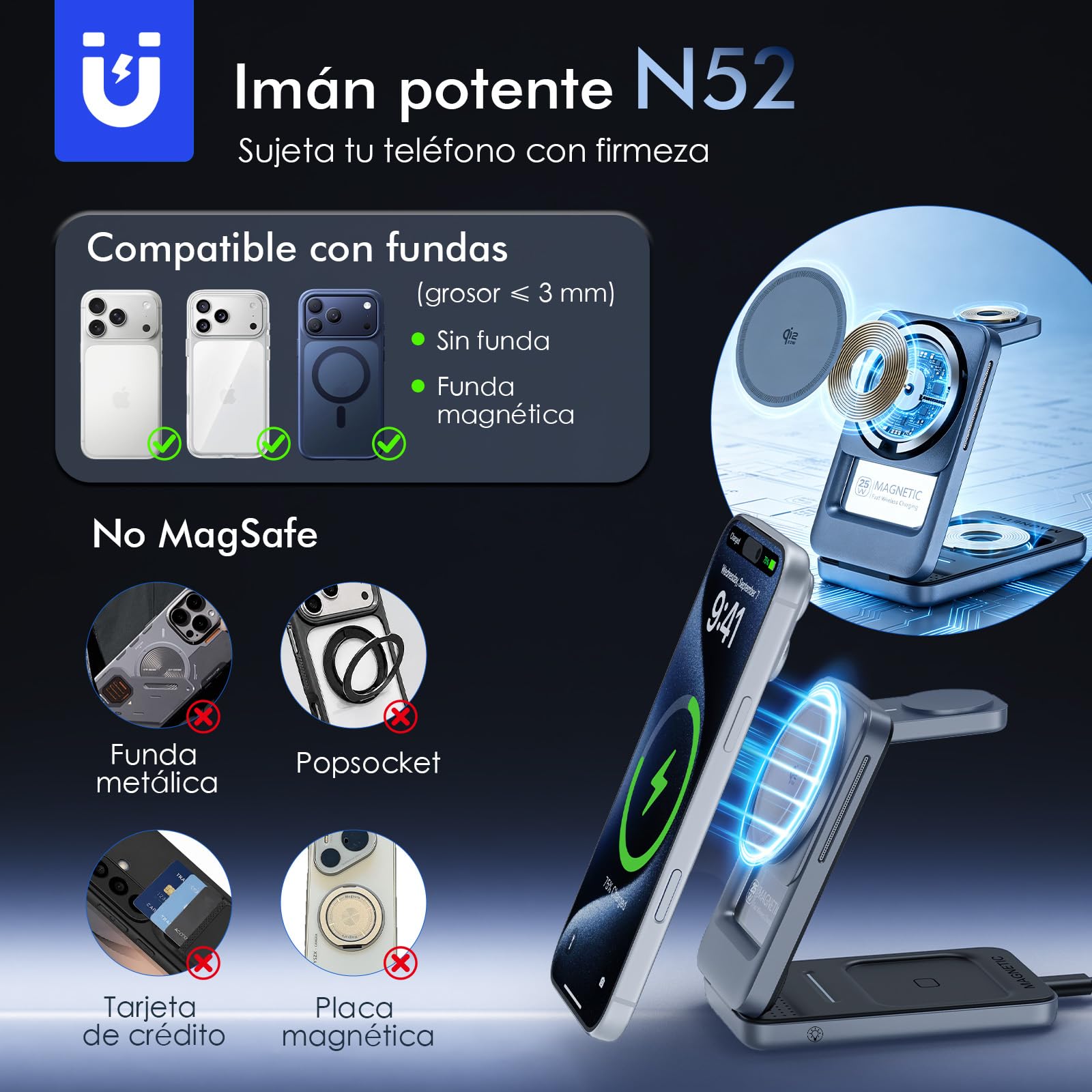 Cargador Inalámbrico Qi2.2 25W, 3 en 1 Estacion de Carga Plegable para apple17 16 15 14 13 12/Pixel 10 Galaxy S26 etc, para Auriculares, para Apple Reloj con Adaptador de 45W
