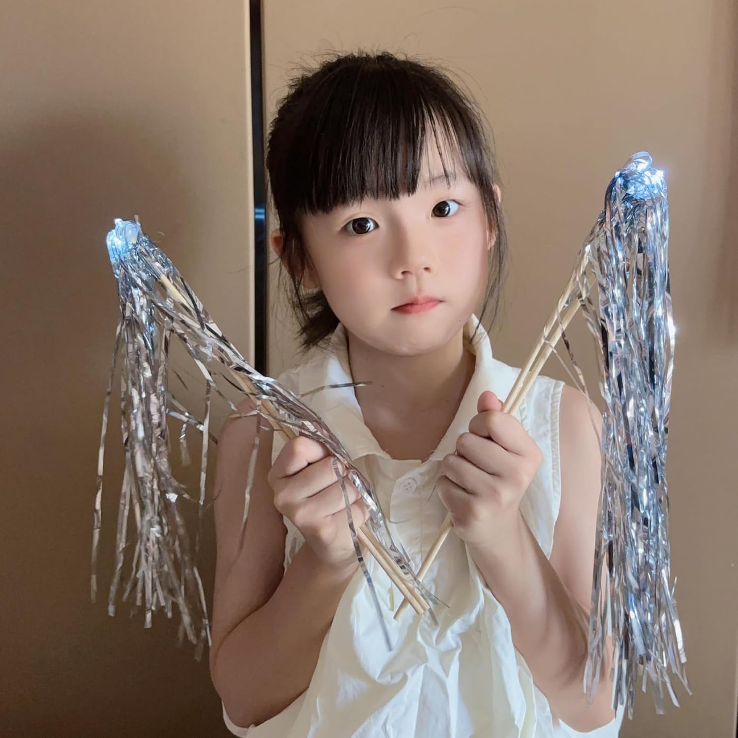 100Pcs Light Wands for Wedding, Foil Tassel Wedding Sparklers Stick LED Light Up Ribbon Tinsel Wands Silver Decorations for Baby Shower Birthday Party| Up for