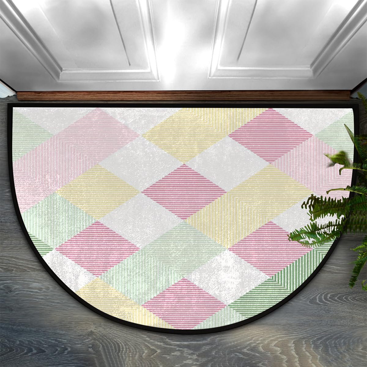 Paillasson demi-cercle motif géométrique pastel et grand tapis lavable
