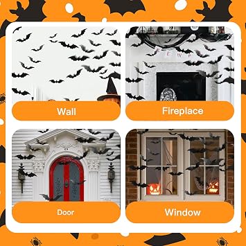 48 Pcs Halloween Bat Decorations, Bats Wall Decor, 4 Sizes PVC Black 3D Bat Sticker for Halloween Party Decorations Indoor Outdoor DIY Home Window Door Décor