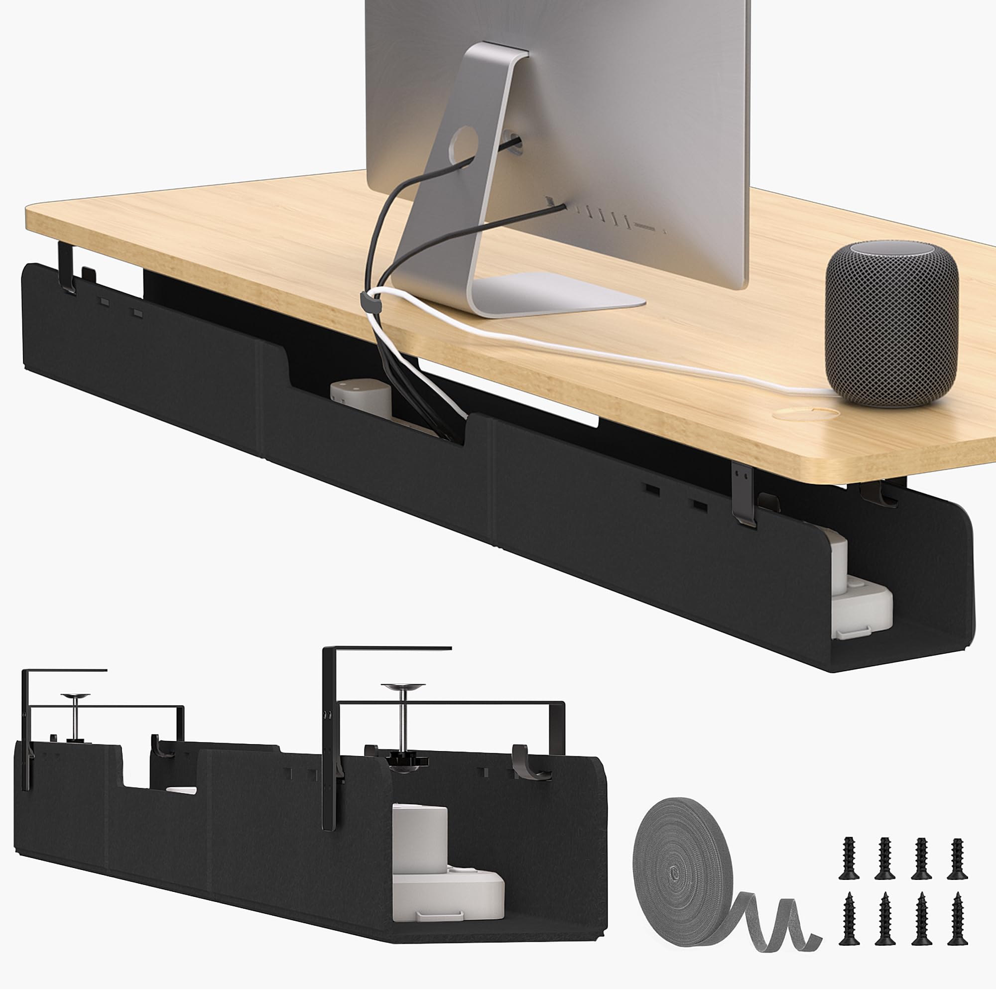No-Drill Under Standing Desk Cable Management,47.2" L,Black