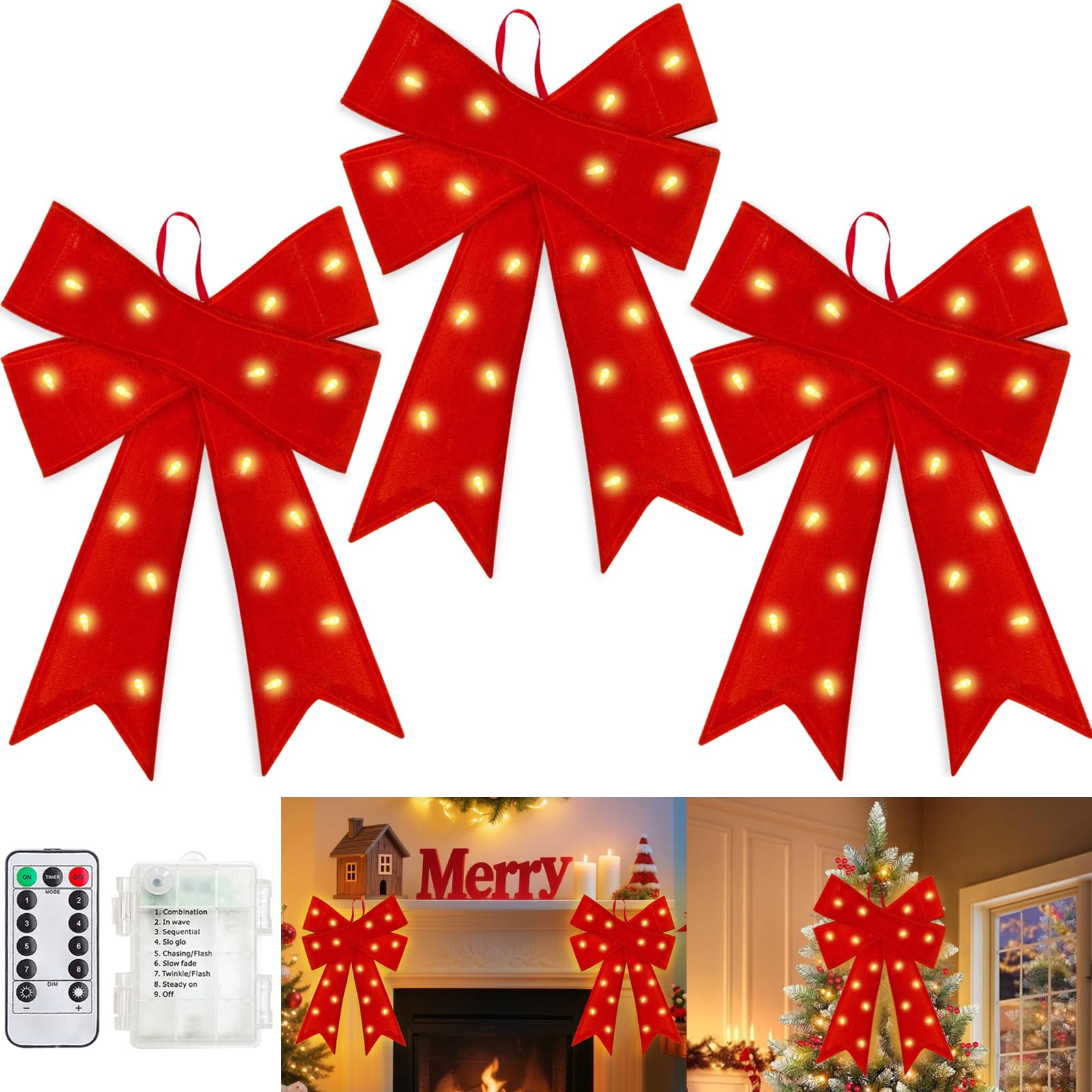 3 Stück 61 x 35,6 cm Prelit rote Weihnachtsschleifen mit 20 LED-Lichtern und Fernbedienung-Timer, 8 Modi, batteriebetrieben, große Samt-Weihnachtsschleifen für Kränze, Girlanden, Baumspitze
