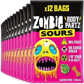 Zombie No Added Sugar Sweets, Sour Fruit Gummies (12 Bags), 90% Fruit, Vegan, Healthy Snacks for Adults, Kids, Low Calorie, Gluten Free, Halal, Bulk, Jelly, Tub, Vegetarian, Party Bags, Gummy
