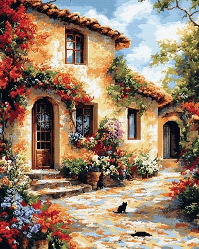 AxiangziK 11CT Printed Cross Stitch Kits,European-Style Town Streets Stamped Embroidery Kits with Instruction Wall Hanging for Needlepoint Adults Wall Art Decoration 16x20in