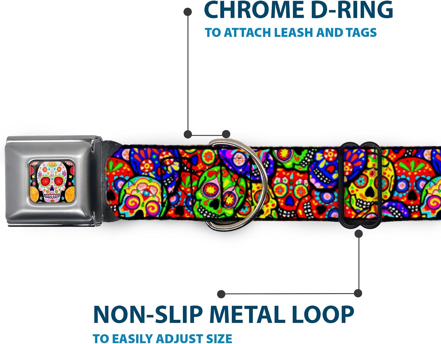 Buckle-Down Dog Collar Seatbelt Buckle Colorful Calaveras Stacked Multi Color, Multicolor, 1" Wide - Fits 11-17" Neck - Medium (DC-WTY003-M)