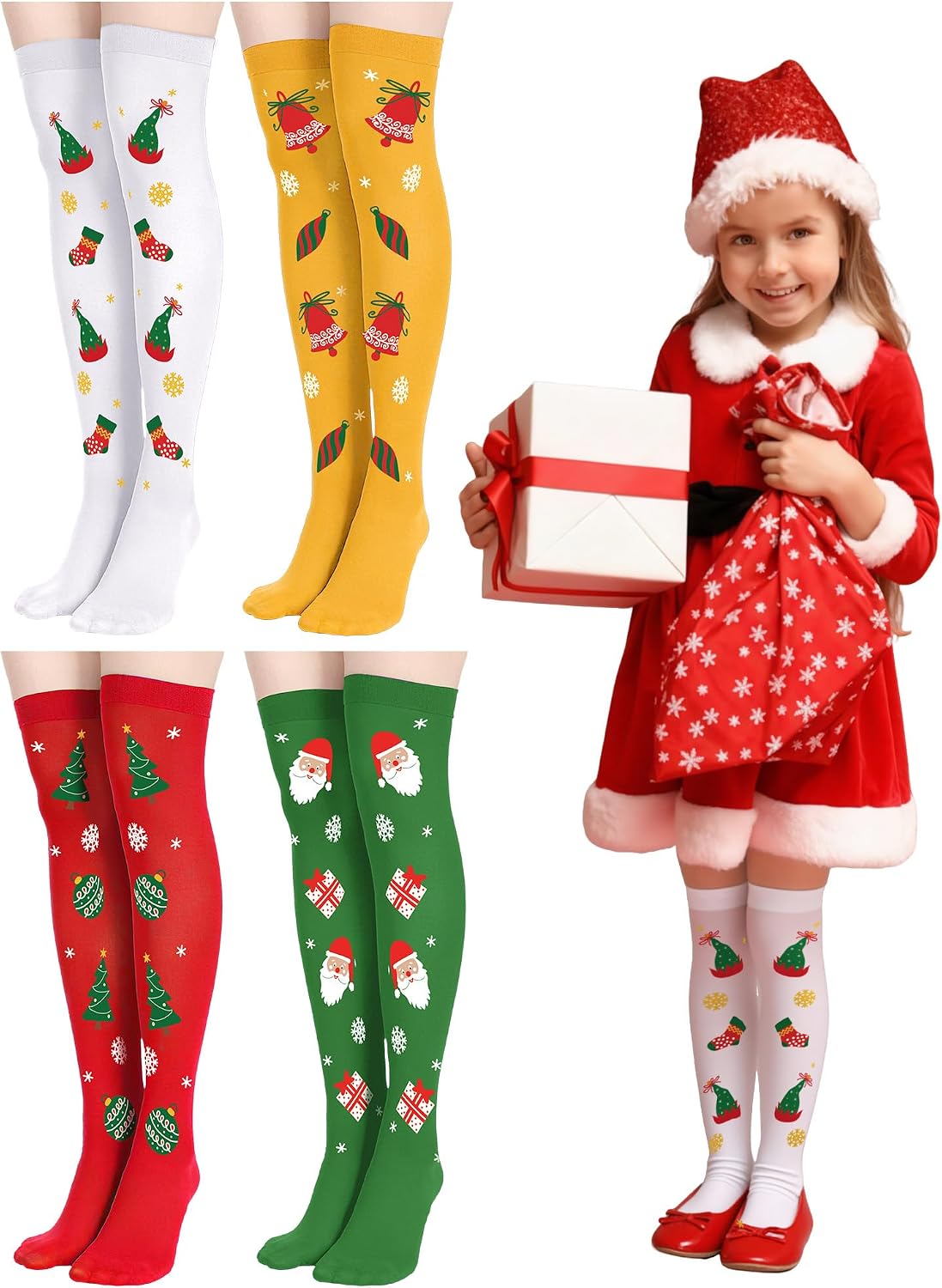Fourluoo 4 Pairs Halloween Knee High Socks for Girls over The Knee High Socks for Kids Costume Cosplay