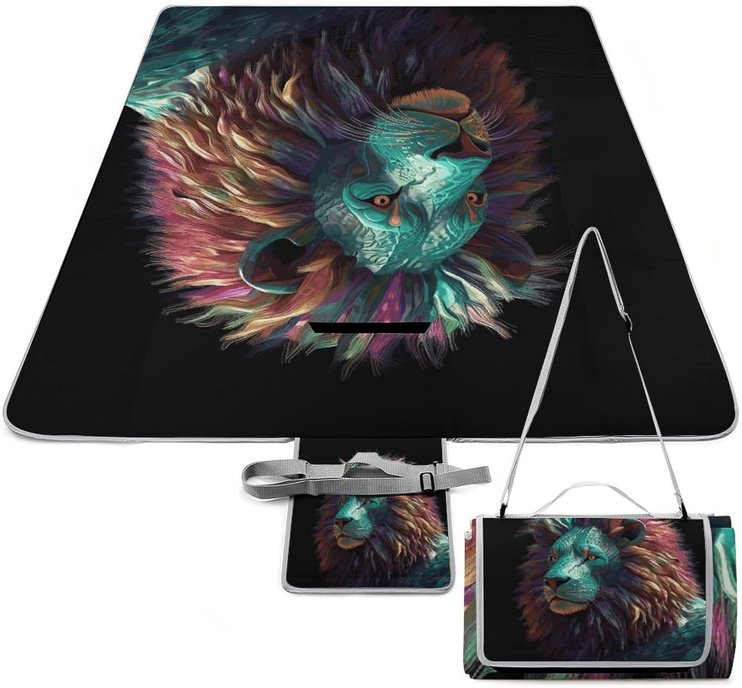 Abstract 3D Art Lion Waterproof Picnic Blanket 58.3''x58.3'',Portable and Foldable Picnic Mat with Handle,Outdoor Blankets for Lawn Park Beach Travel