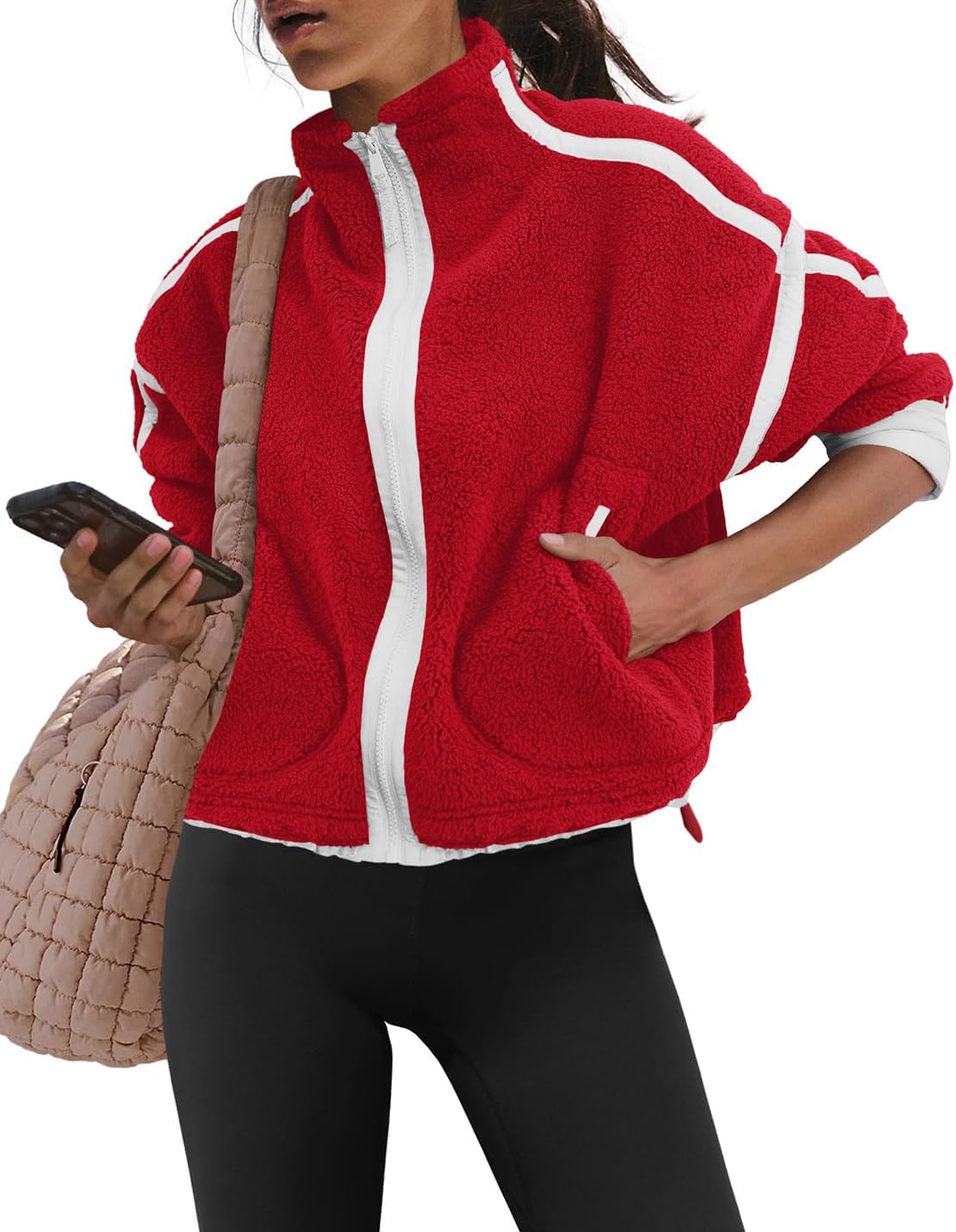 Womens Sherpa Fleece Jacket Zip Up Fuzzy Casual Oversized sweatshirts with Pockets Fall Winter Cozy Outerwear - Image 2