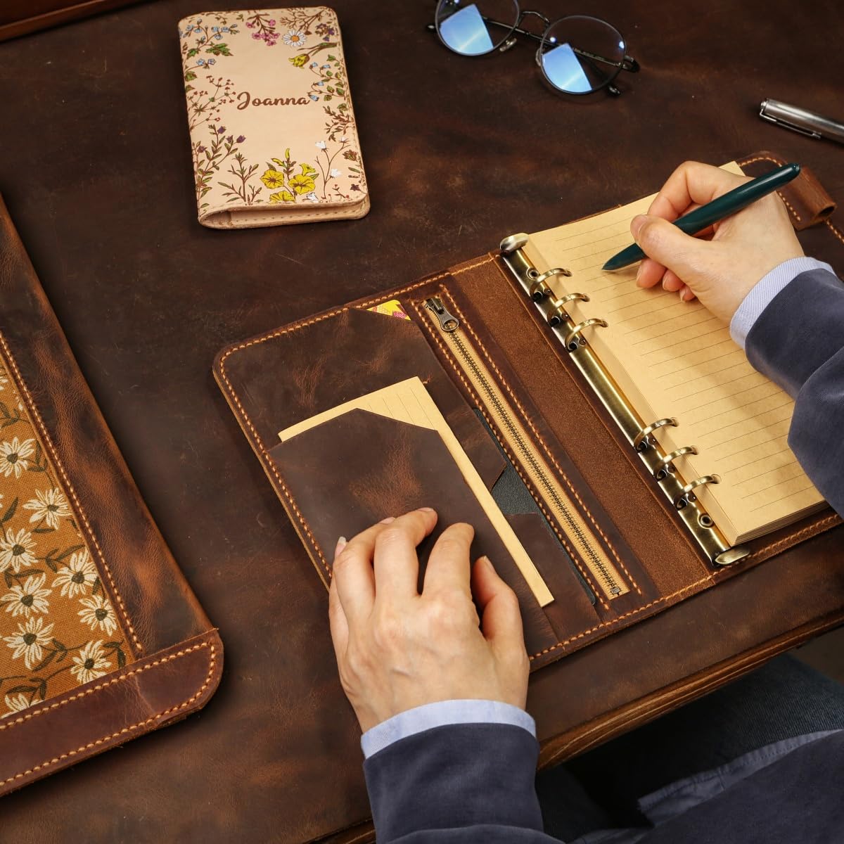 Vintage A5 Leder Planer mit Reißverschluss, Handgefertigte Ringbuchhülle aus Echtleder für Reisen, Büro & Alltag, Nachfüllbar (Dunkelbraun)