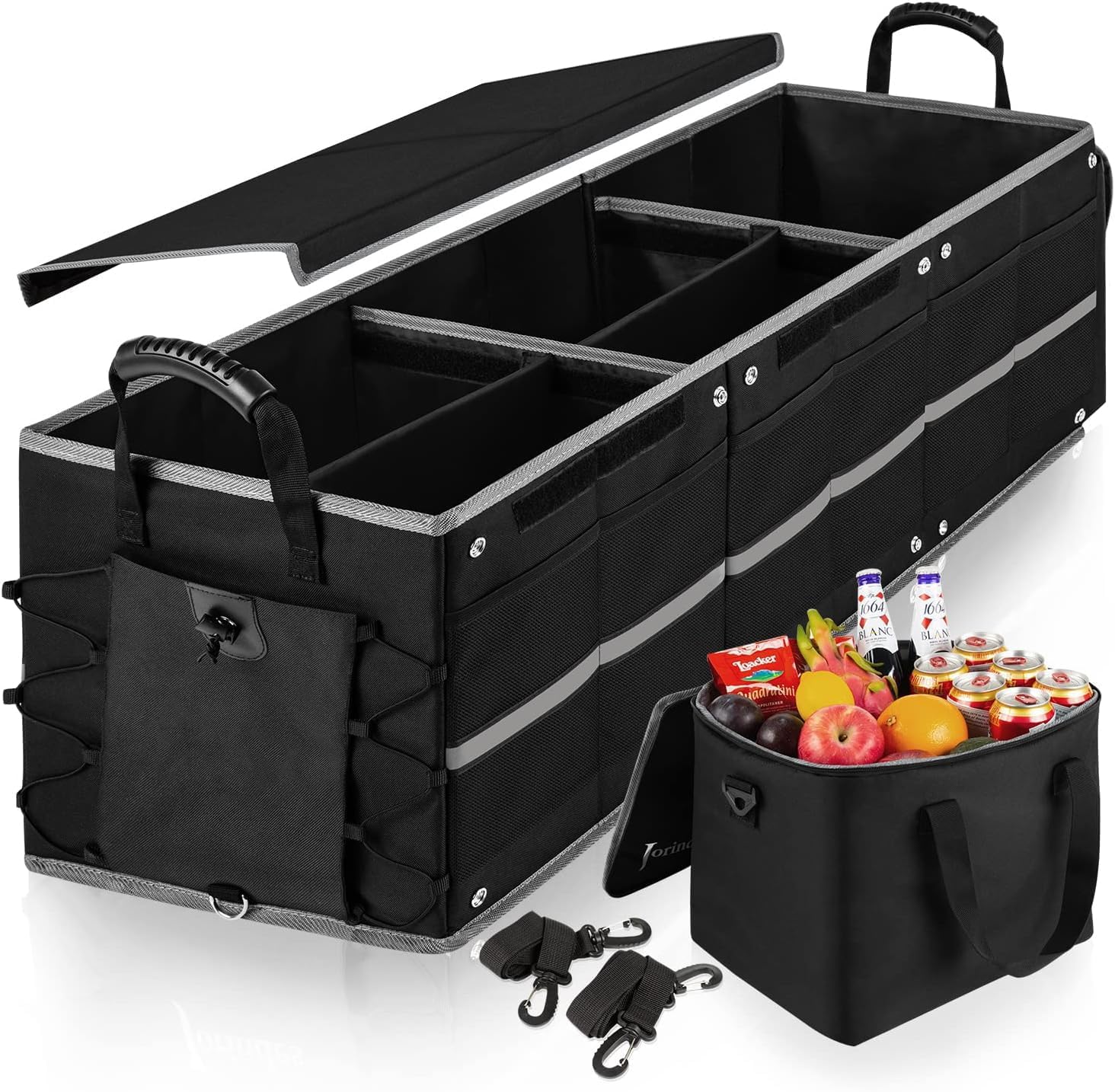 Ankila Collapsible Trunk Organizer for Car with Insulated Leak proof Cooler Bag, 3 Compartments SUV Cargo Organizer Removable Dividers, 5 in1 Car Storage Organizer with Foldable Lid,2 Tie-Down Straps