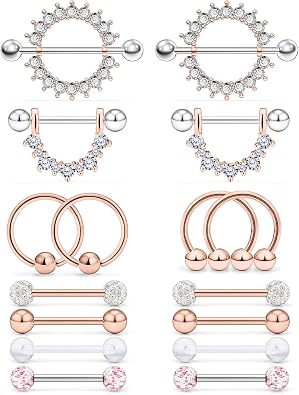14G Nipple Rings Stainless Steel Shield Straight Barbell CZ Opal Glow In the Dark Glitter Nipple Tongue Rings Body Piercing Jewelry Retainer for Women Man 14MM 9/16Inch Mixcolour