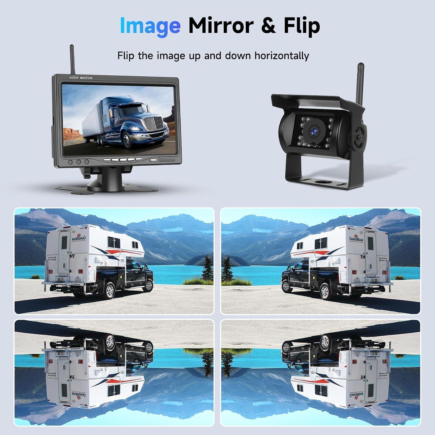 SIXWIN Kit Telecamere Retromarcia Wireless 1080P HD con Monitor 7 Pollici,2 Telecamere per Auto, Camper, Camion | Impermeabile IP68, Visione Notturna, Linee Guida, 12V-36V