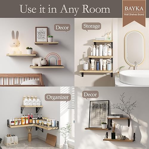 Miniatura 74 de BAYKA Estantes de pared para decoración de dormitorio, estantes flotantes para sala de estar, cocina, estantes flotantes montados de madera rústica