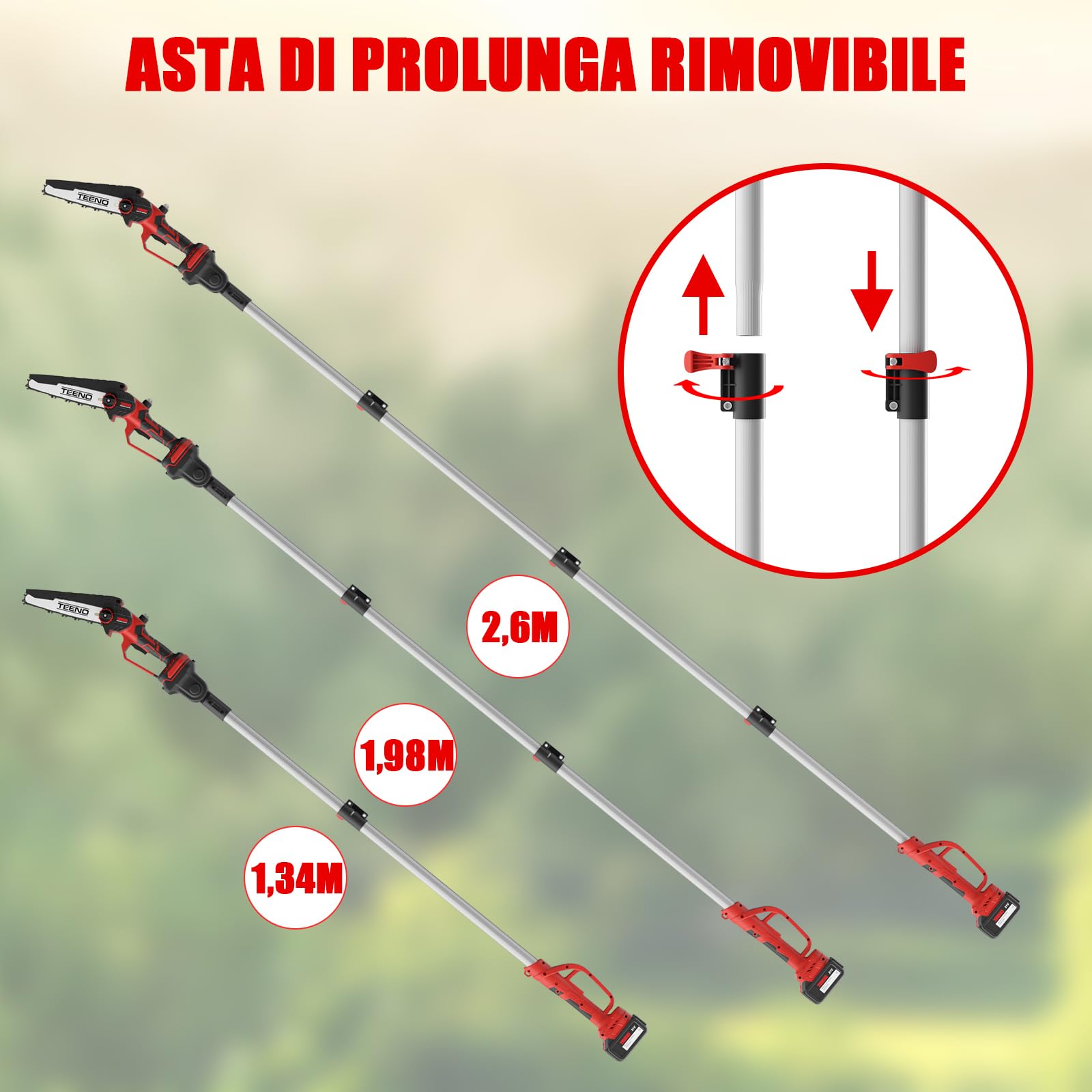 TEENO Segatrice elettrica,segatrice elettrica 2 in 1,asta telescopica | staccabile,regolazione a 180°,6 pollici,2 batterie da 4000 mAh,2 piastre di guida,2 catene