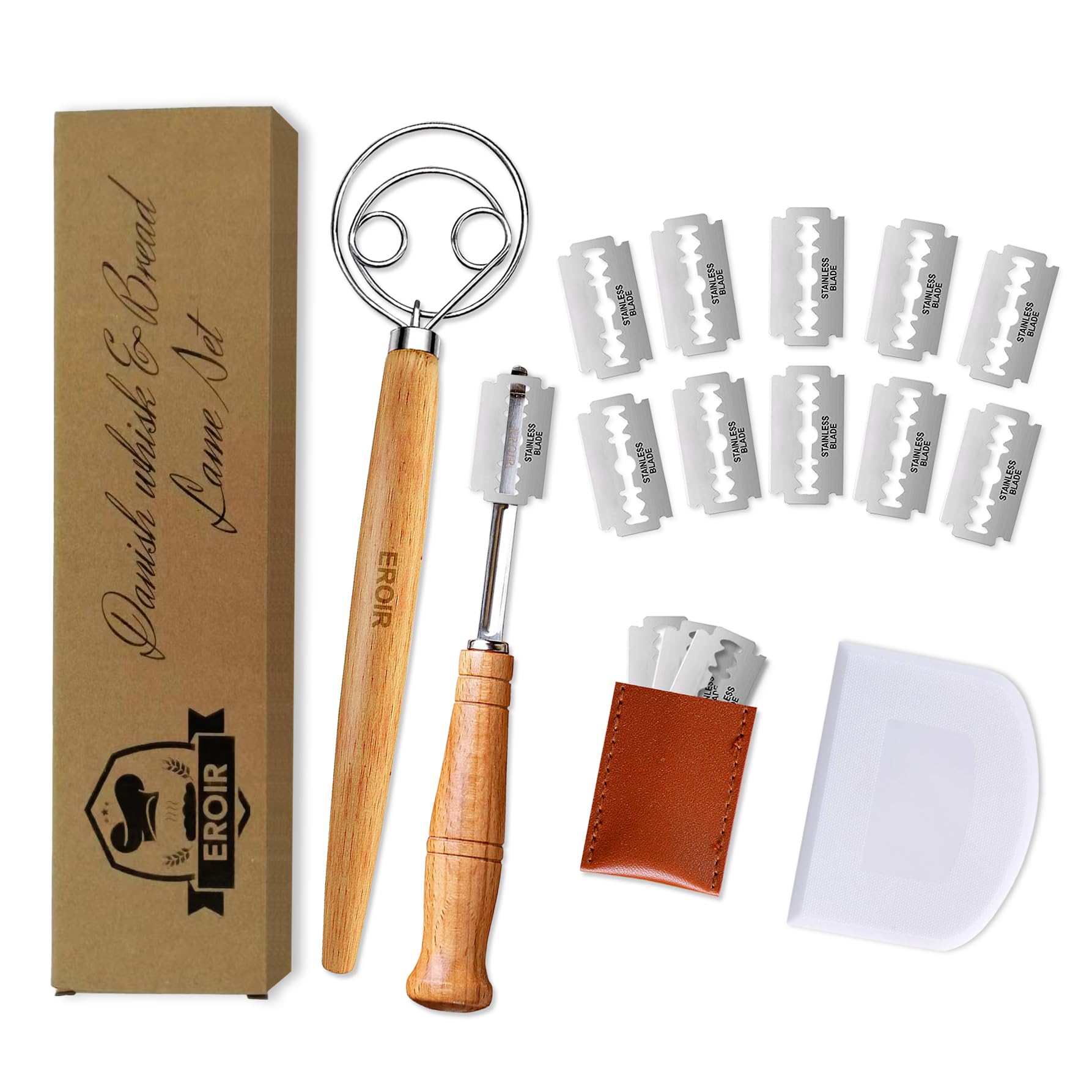 EROIR Danish Dough Whisk Set with Bread Lame - 13 Inch Dutch Dough Whisk - Bread Lame Dough Scoring Knife with 10 Razor Sharp Blades and Leather Cover