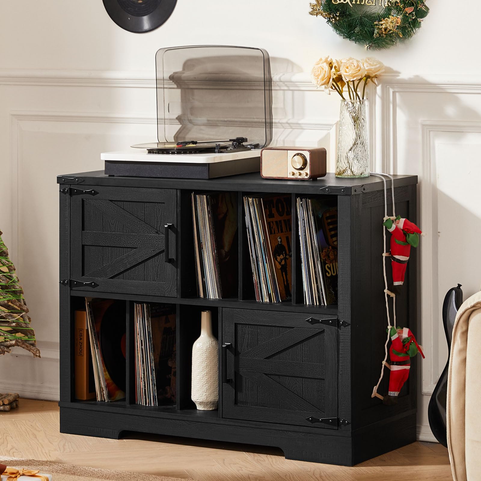 LELELINKY Large Record Player Stand with Storage, 1m Vinyl Records Storage Organizer Cabinet, Farmhouse Wood Vinyl Table with Barn Doors, Mid-Century Turntable Stands for Living Room, Black