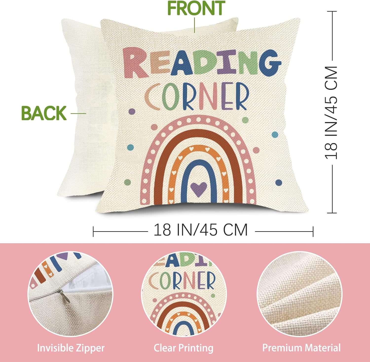 Reading Corner Decorative Throw Pillow Covers 18 x 18 Set of 2, Rainbow Alphabet Educational Kids Nursery Porch Outdoor Home Decor, Love Hearts Reader School Classroom Sofa Couch Cushion Case - Image 2