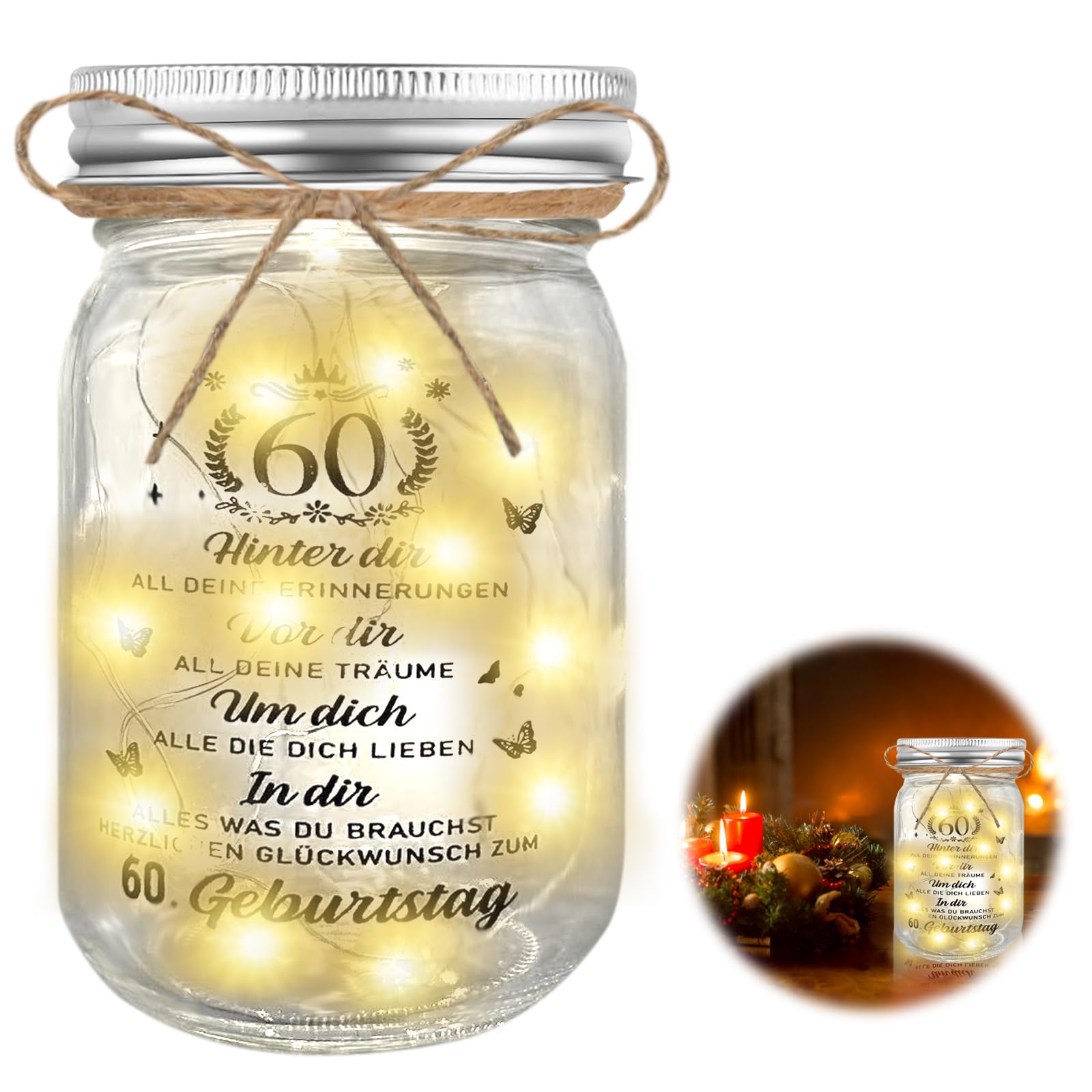 HuaMuDM 60 Jahre LED Flaschenlicht, Flaschenleuchte als Geschenk für den Geburtstag, transparente Leuchtflasche, 60 Jahre Deko Flaschenlicht