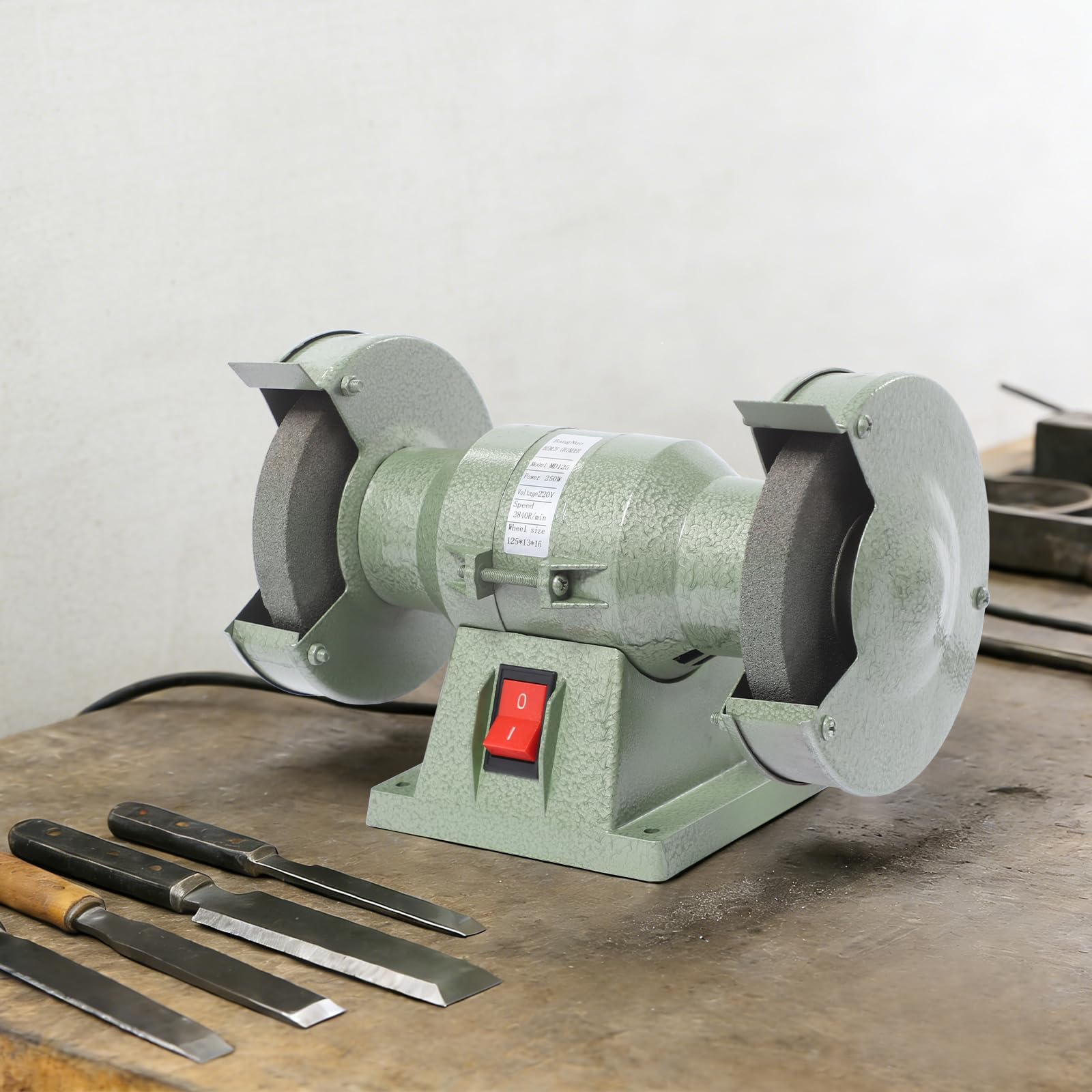 Amoladora doble, 125 mm de diámetro, motor de 250 W, 2800 rpm, amoladora doble, velocidad lineal segura: 40 m/s, base estable, para afilar cuchillos, cinceles y herramientas de tallado