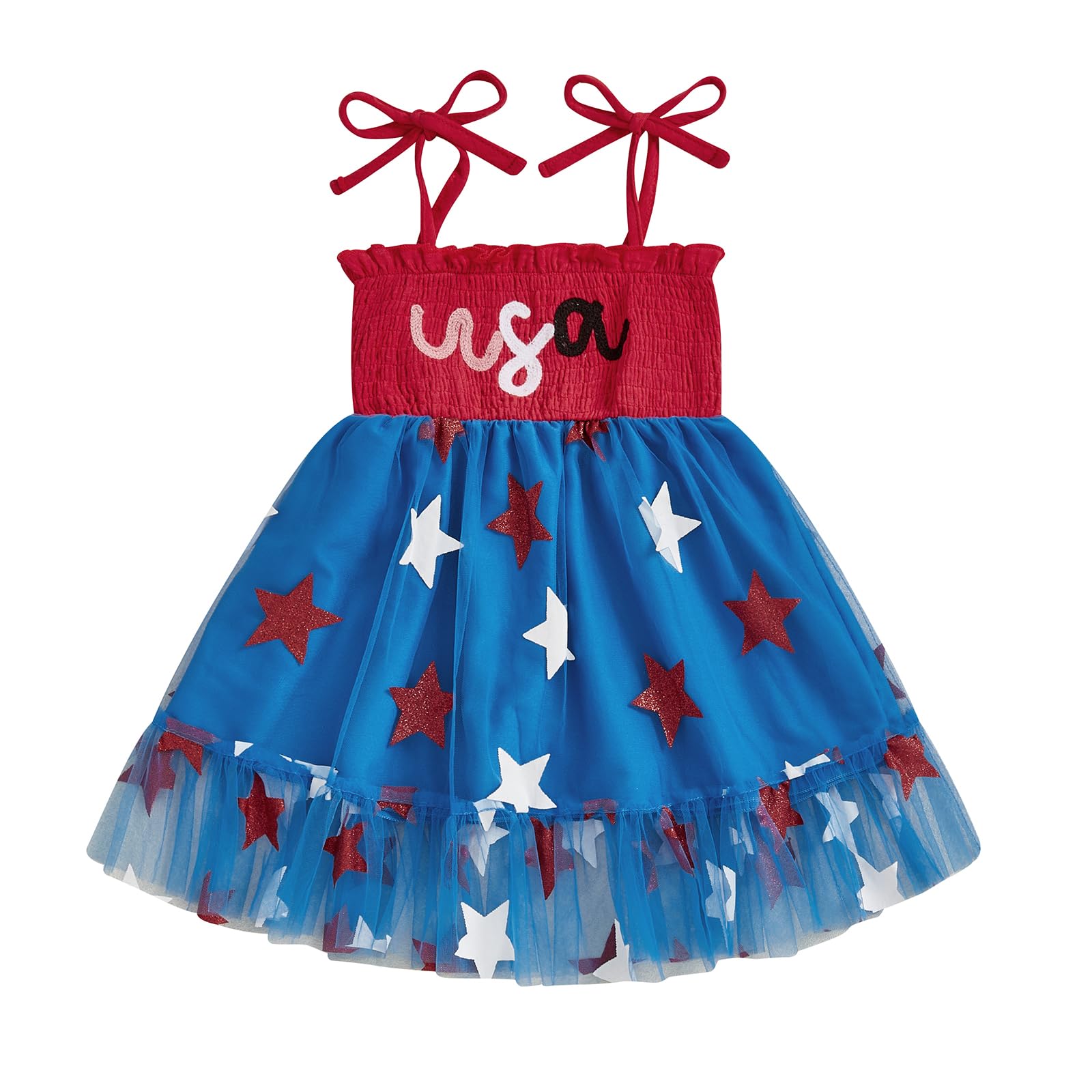 KMBANGI Kids Toddler Baby Girl Independence Day Dress Tie Up Strap USA Dresses Smocked Stars Sequin Dress Princess Sundress (Red, 6-7 Years)
