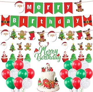 Christmas Birthday Decorations Kit, Merry Birthday Banner,Glitter Merry Birthday Cake Topper,Santa Tree & Snowflake Cupcake Toppers,Red & Green Balloons for Winter Holiday Baby Shower Birthday Party Supplies,Wonderland Party Decor