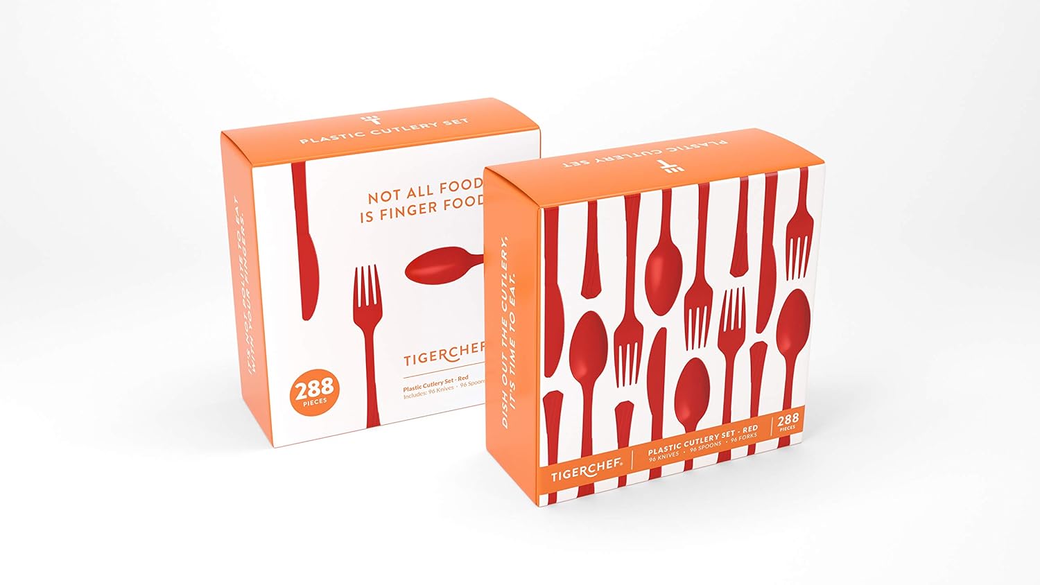 Tiger Chef Plastic Cutlery Set Heavy Duty Colored Plastic Silverware - Includes 96 Forks, 96 Teaspoons, and 96 Knives (Red, 288)