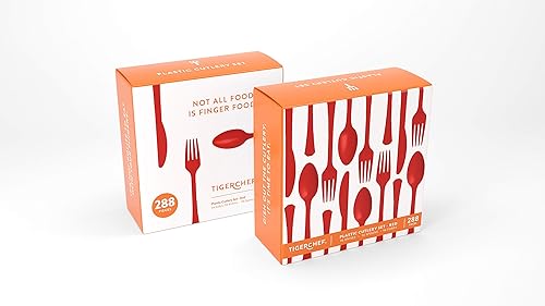 Vista 6 de Tiger Chef - Cubertería de plástico de color resistente, incluye tenedores, cucharas para el té y cuchillos, Transparente Claro