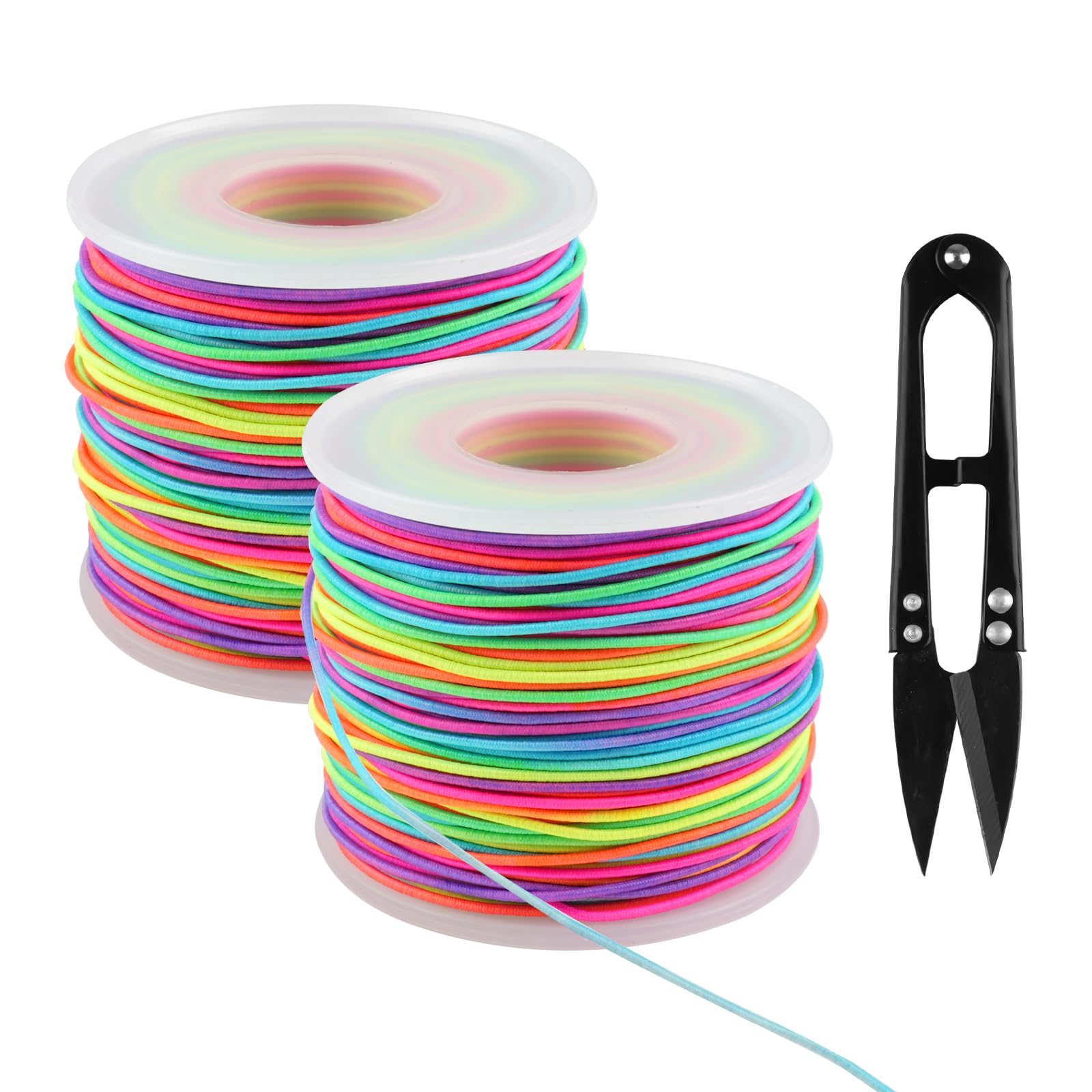 Gummiband für Armbänder, 2 Rollen Gummischnur 1 mm x 100 m, Gummikordel mit Schere, Perlenschnur Elastische Faden für DIY Handwerk Schmuckherstellung Armbänder Halsketten (Regenbogen)