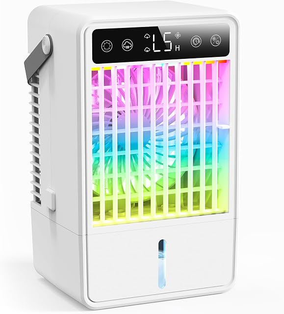 Portable air conditioner, 4-in-1 Evaporative Air Cooler,1500ML Air Conditioner Portable with 5 Wind Speed 7 Colors Light,Personal Cooling Fan for Bedroom Office RV(White)