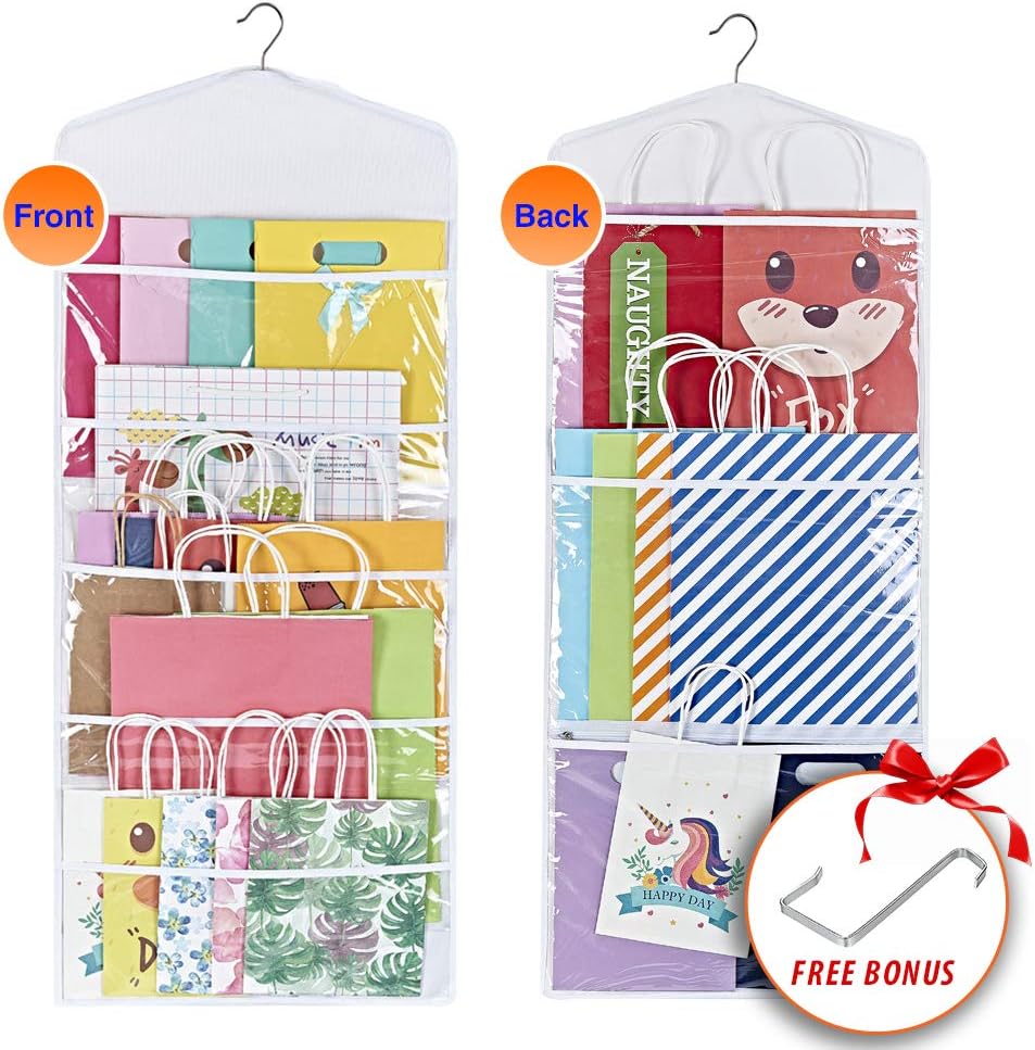 ProPik Hanging Double Sided Gift Bag Storage Organizer with Multiple Front and Back Pockets - Organize Your Gift Wrap, Tissue Paper, and Paper Bags 38 x 16 Inch PVC (White) - Image 8