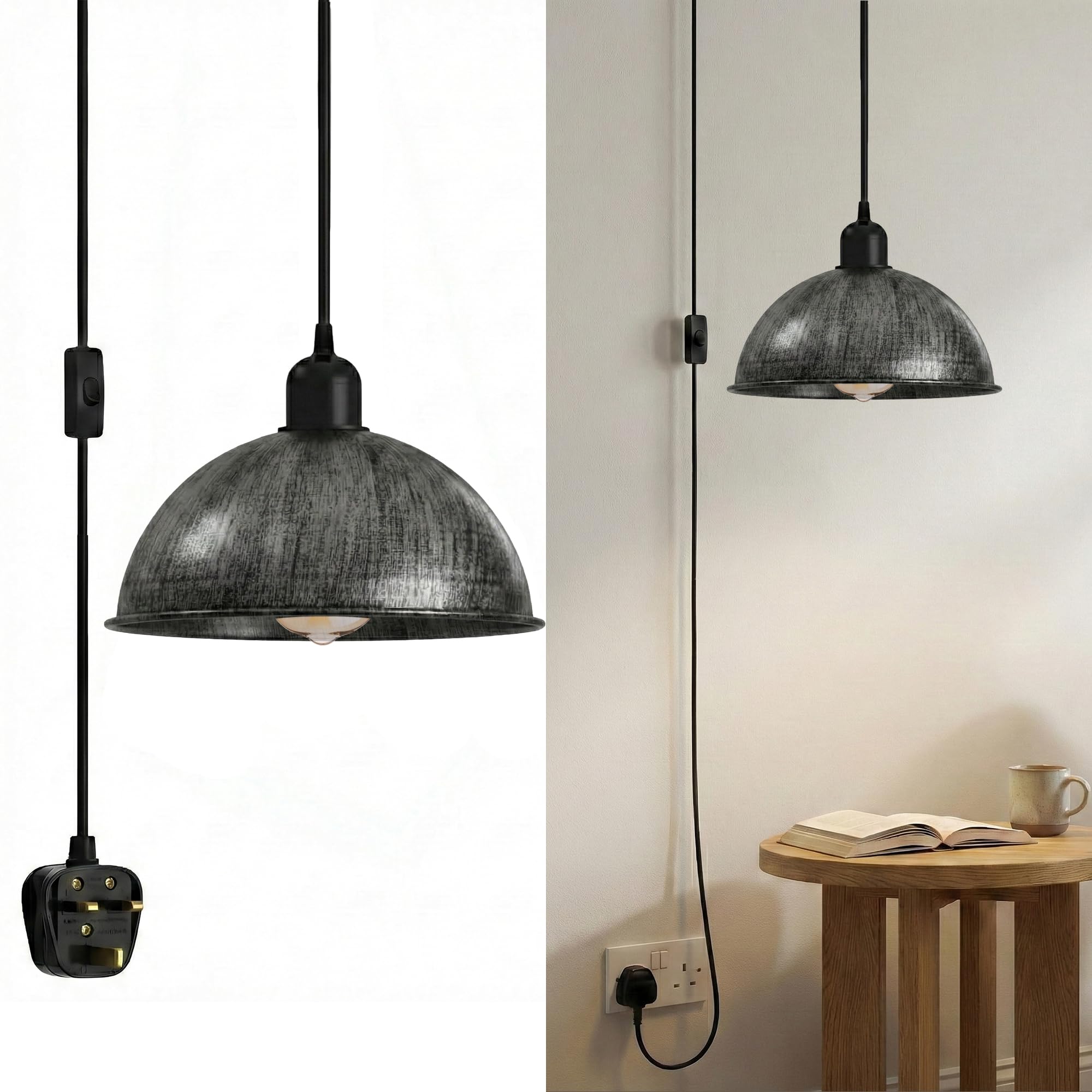 LEDSone Plug in Pendant Lighting 450cm Adjustable Cord Plug in Ceiling Light, Metal Lampshade Hanging Lamp with Switch, E27 Pendant Light Fitting, E26 Bulb Holder for for Kitchen (Brushed Silver)