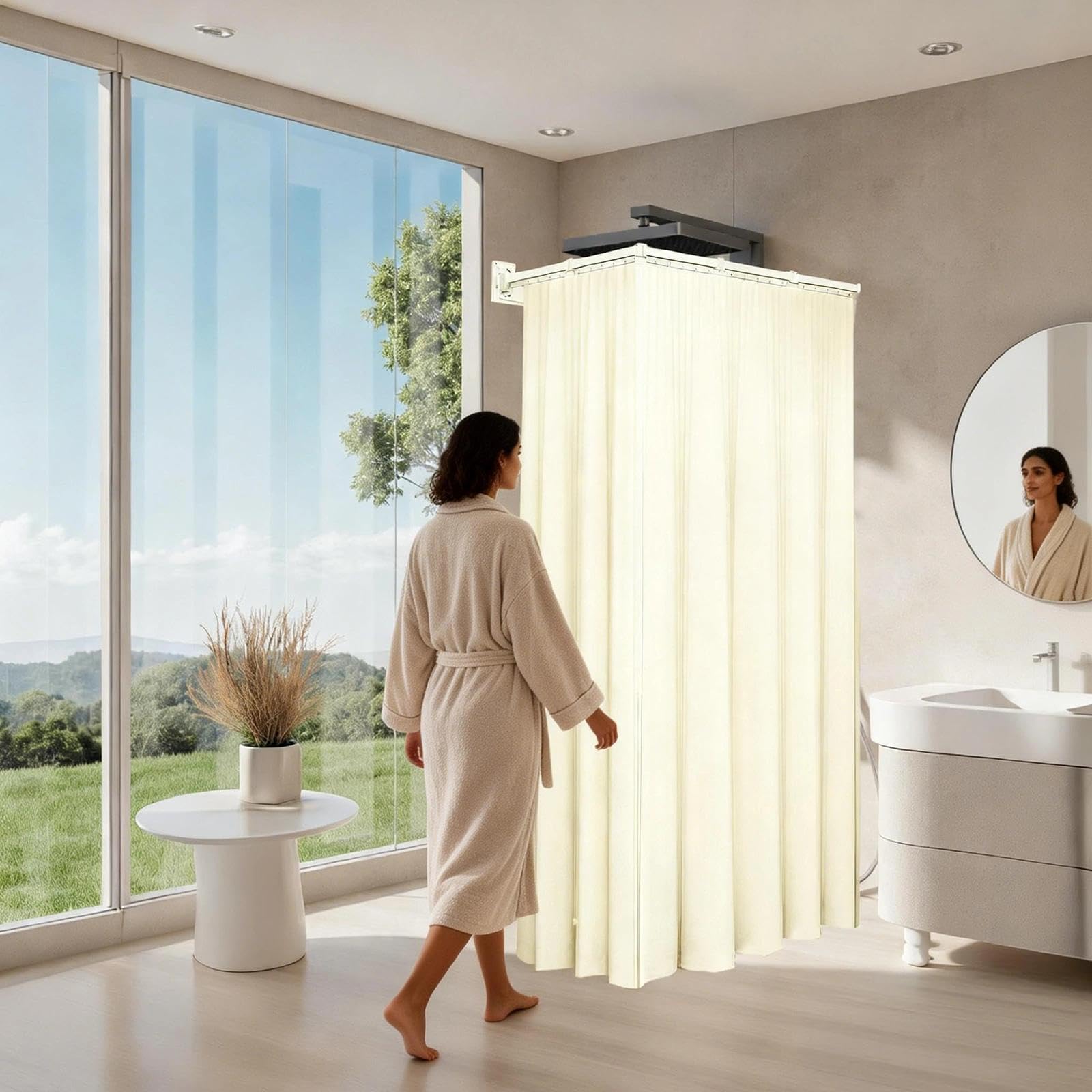 Blanco Barra de Cortina de Ducha Plegable con Cortina de Ducha | Barra Cortina Ducha, Dos Métodos de Instalación, con Accesorios de Instalación, para Hogares, Hoteles y Gimnasios