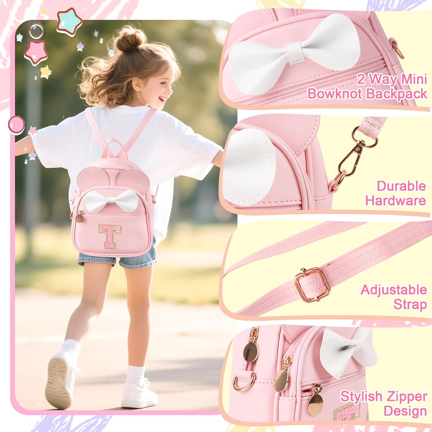 Personalized Toddler Backpack for Girls 3–10, Cute Mini Bowknot Mouse-Ear Toddler Bookbag Crossbody Purse, Small Daypack Wallet Set, Initial Birthday Gift, Trendy Little Kids/Teen Bag(Pink,T) - Image 4