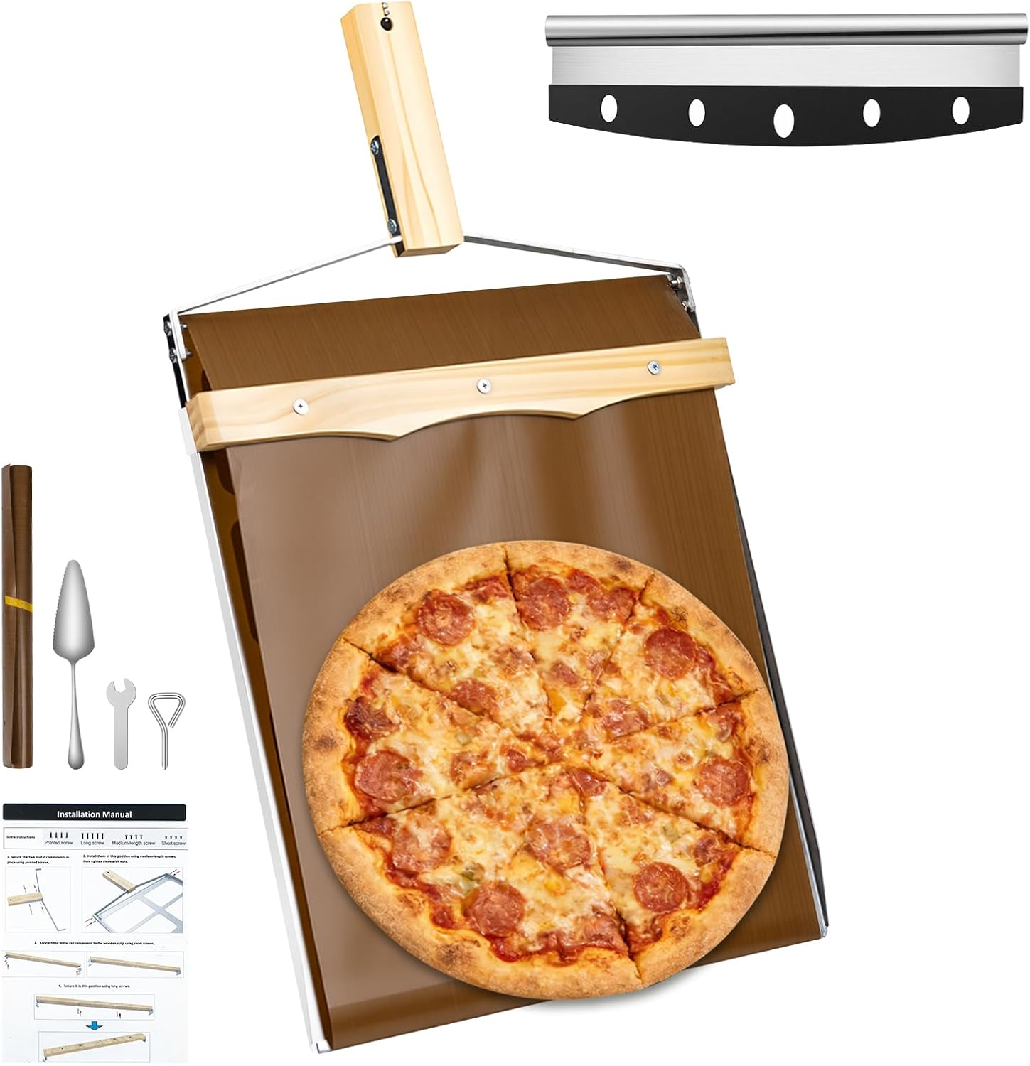 Sliding Pizza Peel, 21.26x12.74” Non Stick Pizza Peel Slider with Handle, Replaceable Oilcloth, Include Replacement Oilcloth * 1, Pizza Server * 1, Pizza Knife * 1
