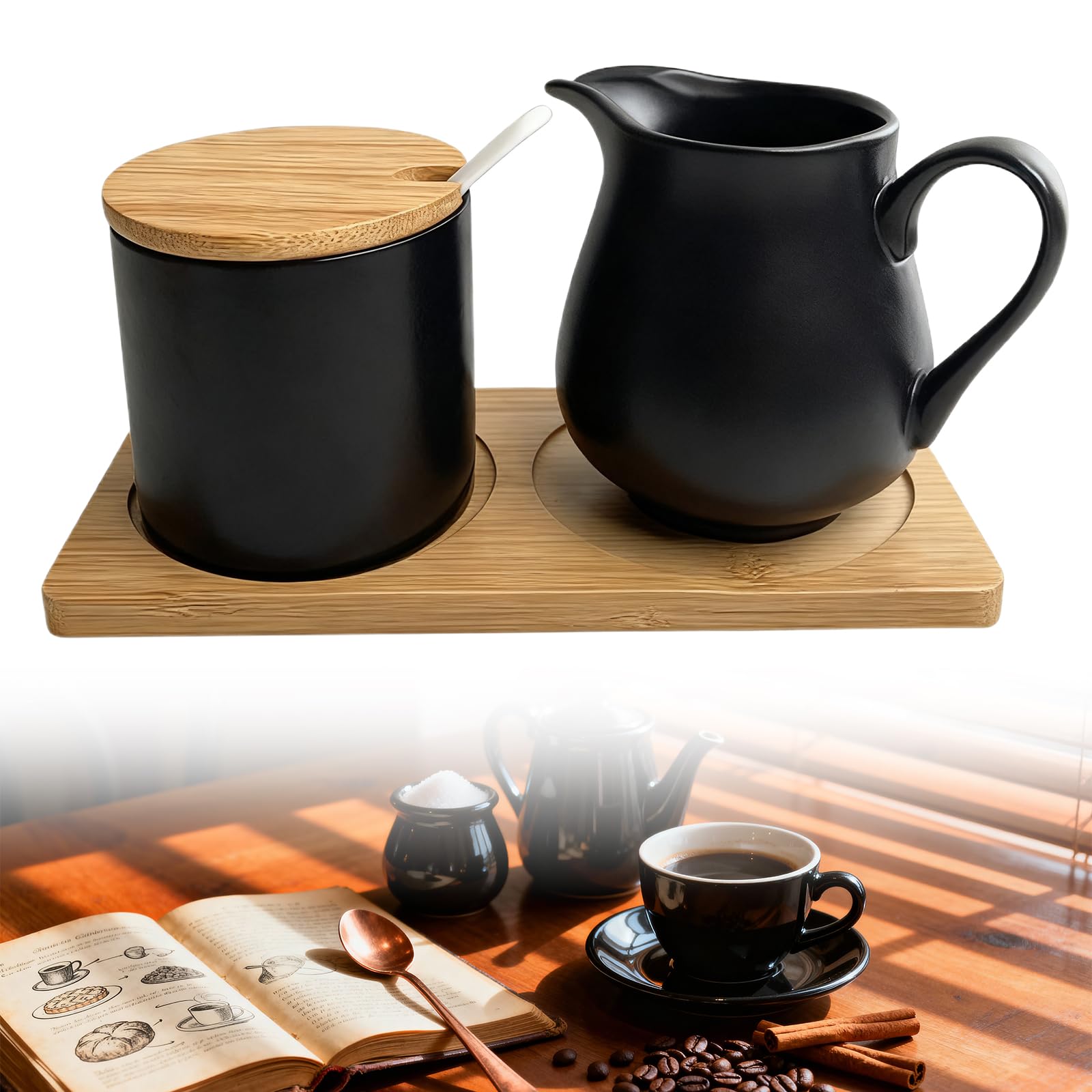 Set per latte e zucchero, set di latte e zucchero, con coperchio e cucchiaio, zuccheriera con coperchio, set per la colazione, zucchero e latte, adatto per casa, ristorante (nero)