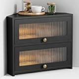 Goozii Corner Bread Box for Kitchen Countertop, Double Layer Large Breadbox for Counter Top, 2 Tier Wooden Farmhouse Homemade Bread Storage Container Holder Keeper for Cabinet (Black Bamboo Wood)