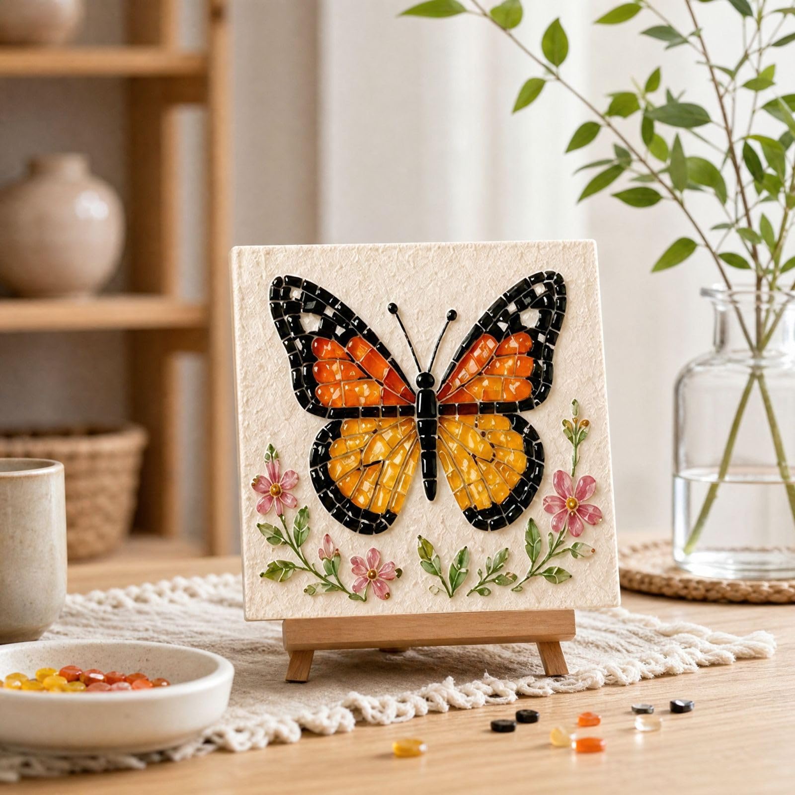 Sea Glass Art Kit, DIY Mosaic Bead Craft, Floral Animals Decor，Butterfly