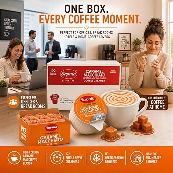 Coffee Creamer Single Caramel Macchiato, Creamer Singles, (Caramel Macchiato) 192 Creamer Singles Included Great for Offices, Restaurants, Coffee, Bar, Gift and Homes.
