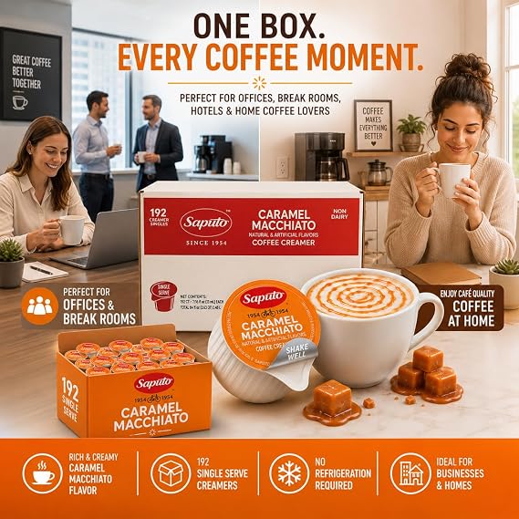 Coffee Creamer Single Caramel Macchiato, Creamer Singles, (Caramel Macchiato) 192 Creamer Singles Included Great for Offices, Restaurants, Coffee, Bar, Gift and Homes.