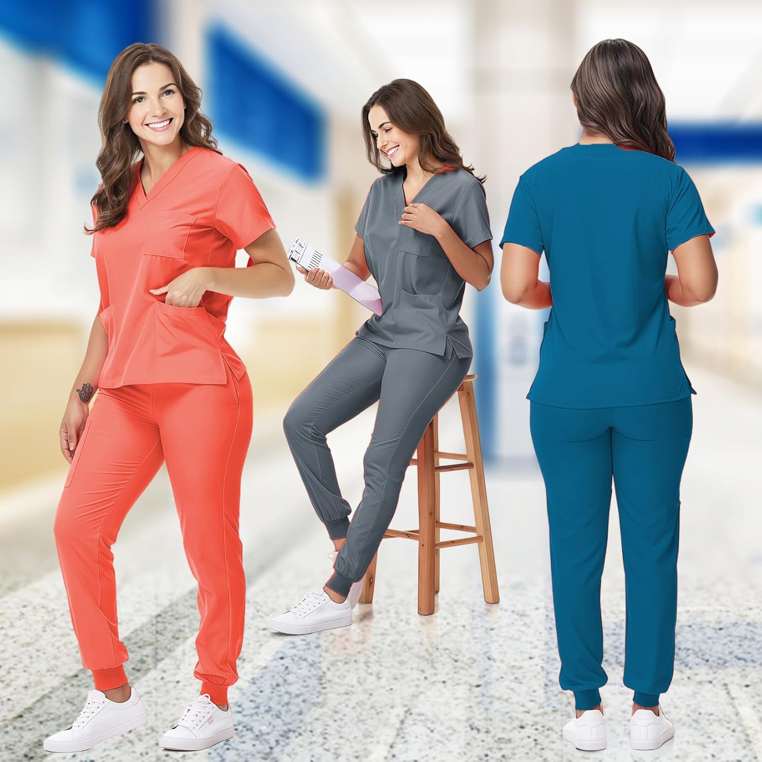 Scrubs Set for Women Nurse Uniform V-Neck Top and Drawstring Jogger Pants with Multi Pocket Nurse Workwear - Image 6