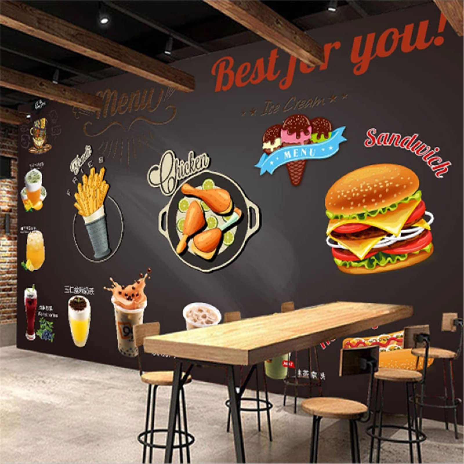 Papier Peint Restaurant Burger 3D - Le Petit Intissé