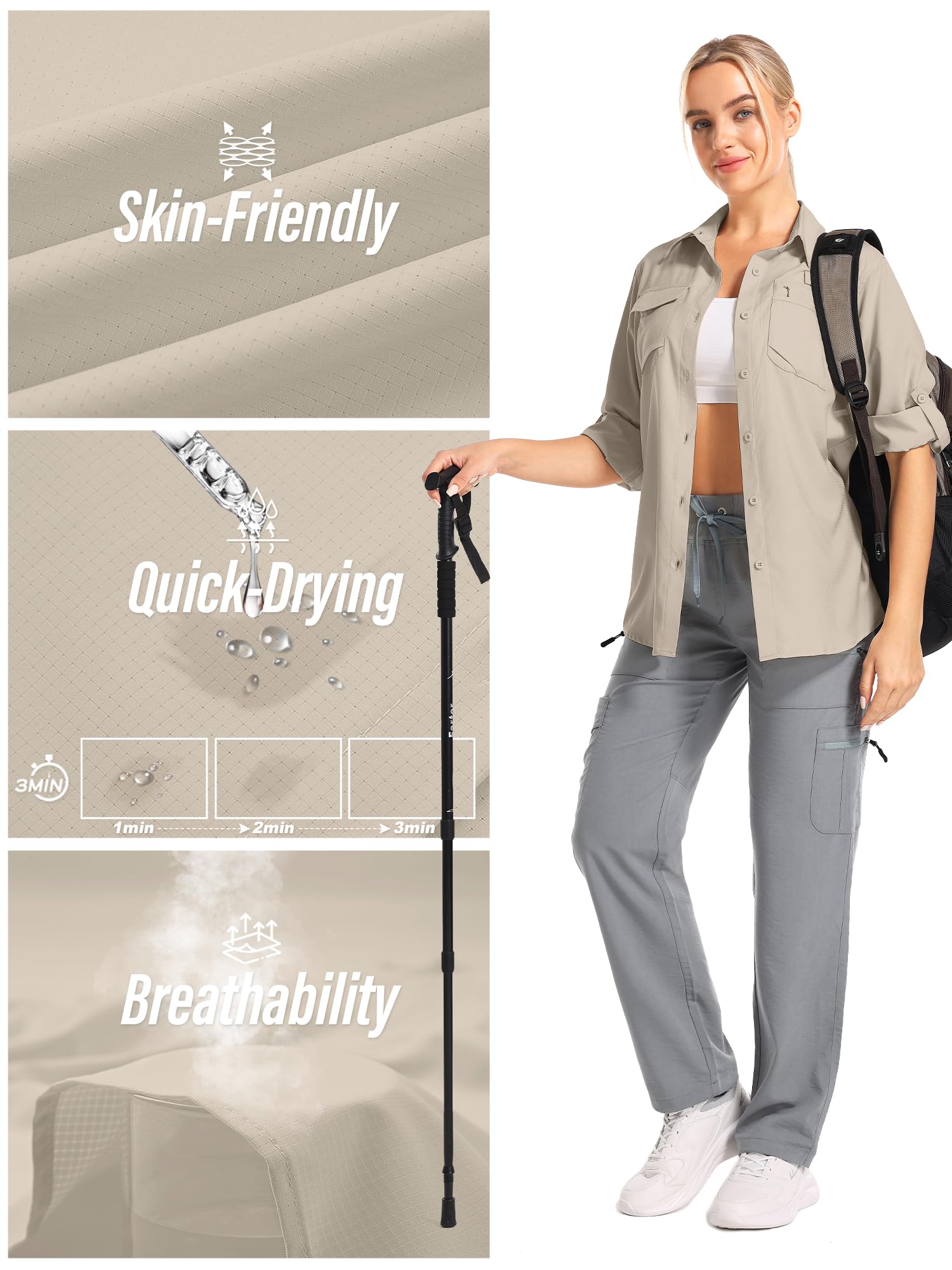 Chemise de safari à manches longues pour femme UPF 50 Protection solaire UV Séchage rapide Randonnée Marche Pêche Voyage en plein air