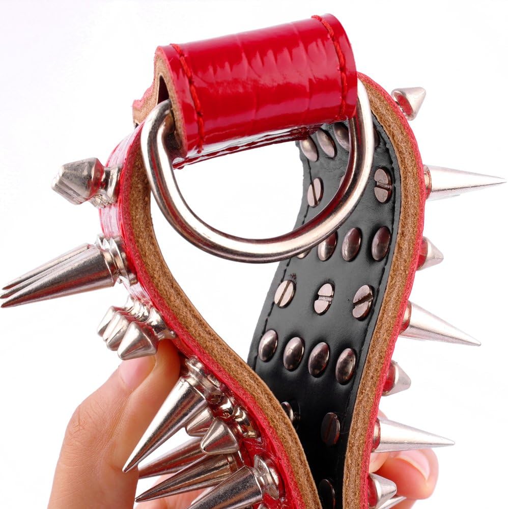 PET ARTIST 2" Wide Luxury Sharp Spiked Dog Collar, Durable Anti-Biting PU Leather Dog Collar for Medium Dogs, Red, M, Neck for 17-20"